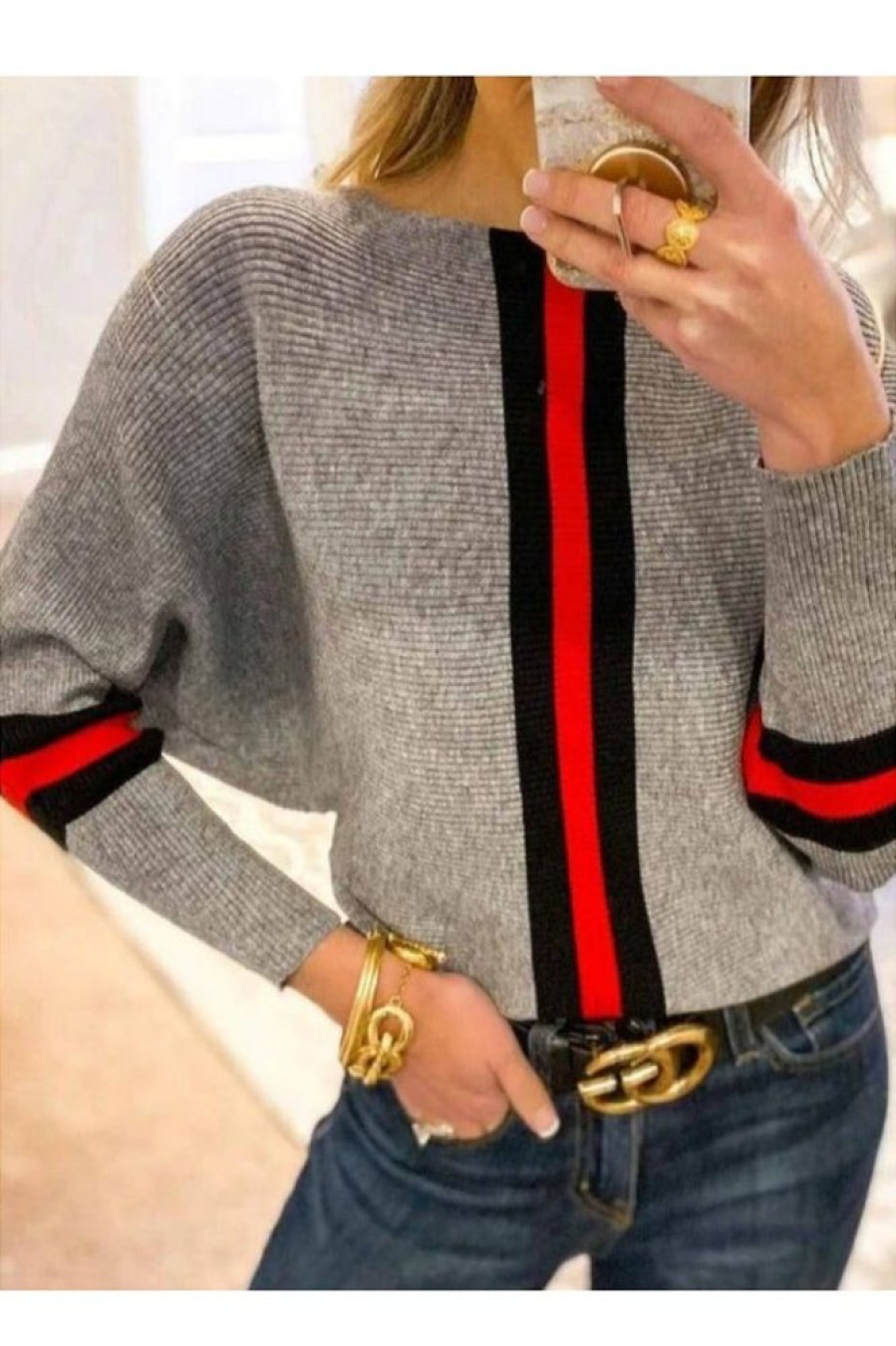 Clothing Azzlee Sweater & Cardigans | Round Neck Long Sleeve Boston Red Striped Sweater Gray