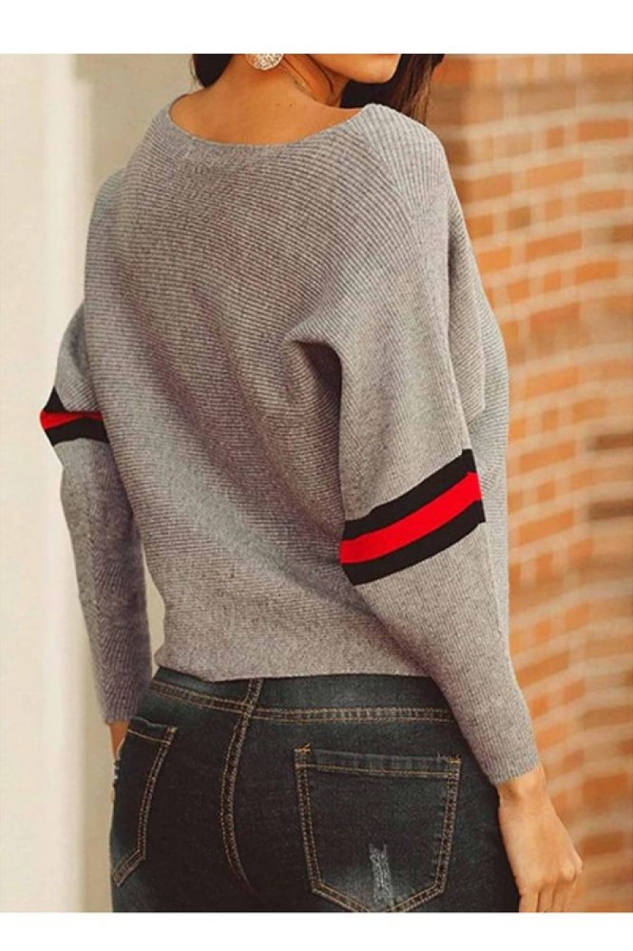 Clothing Azzlee Sweater & Cardigans | Round Neck Long Sleeve Boston Red Striped Sweater Gray