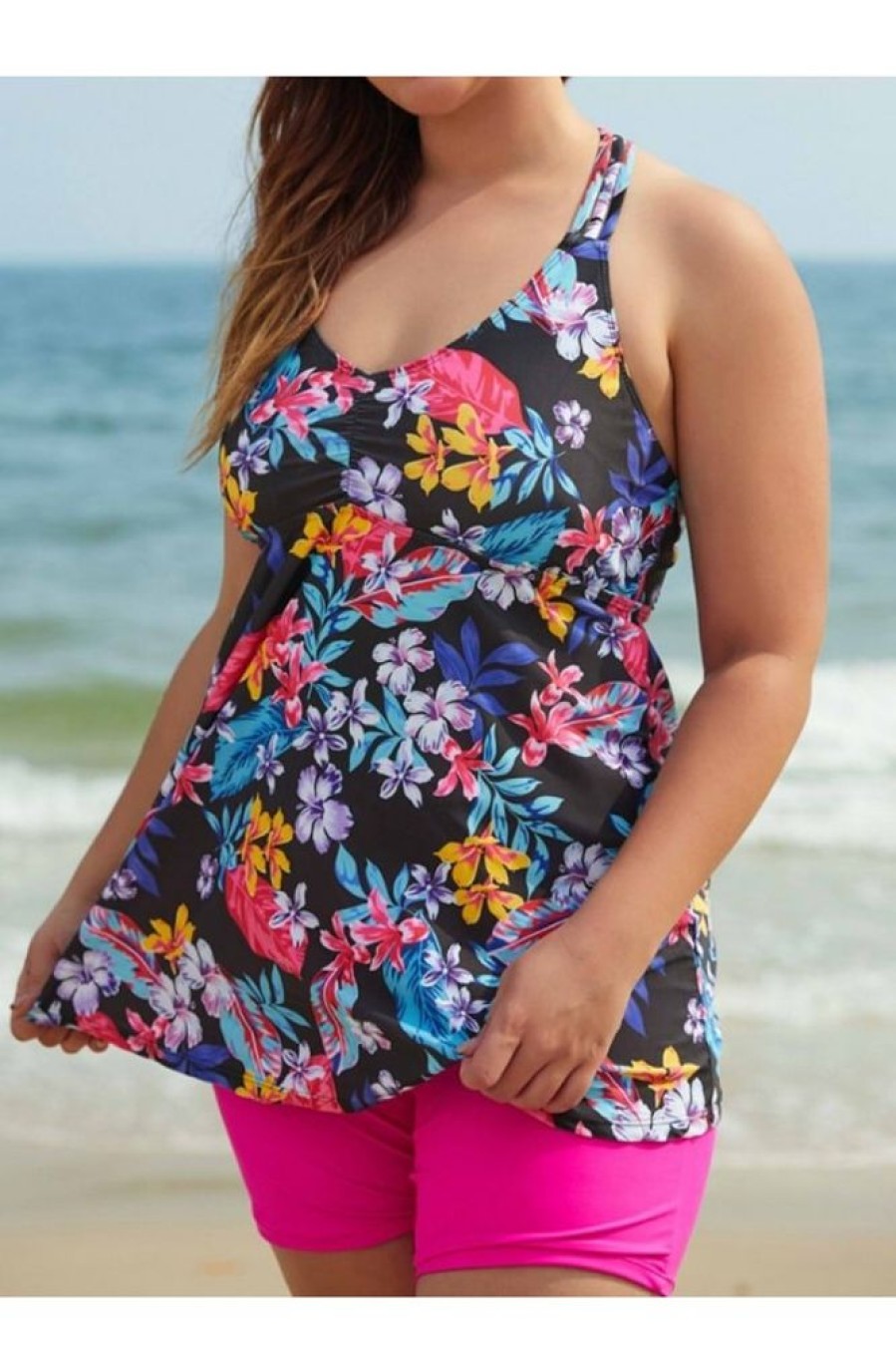 Clothing Azzlee Plus Size | Longer Length Braided Plus Size Tankini Set Floral