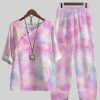 Clothing Azzlee | Casual Round Neck Tie Dye Printed Half Sleeve Two Piece Suit Pink