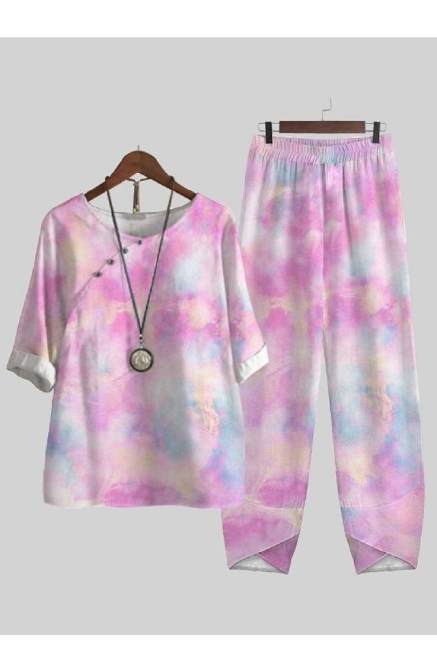 Clothing Azzlee | Casual Round Neck Tie Dye Printed Half Sleeve Two Piece Suit Pink