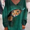 Clothing Azzlee Sweatshirt & Hoodies | Zip Abyssinian Cat Print V-Neck Long Sleeve Top Dark Green