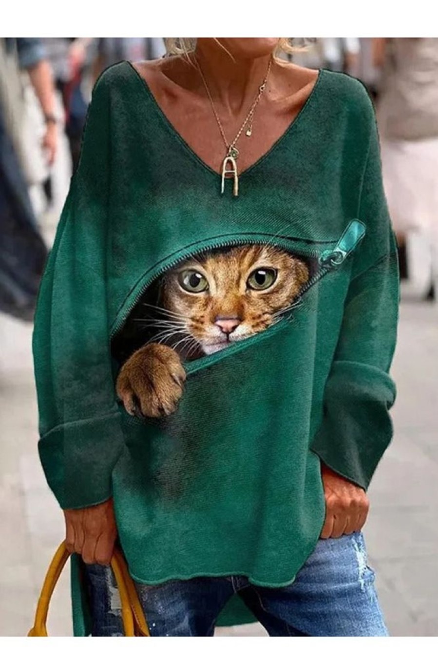 Clothing Azzlee Sweatshirt & Hoodies | Zip Abyssinian Cat Print V-Neck Long Sleeve Top Dark Green