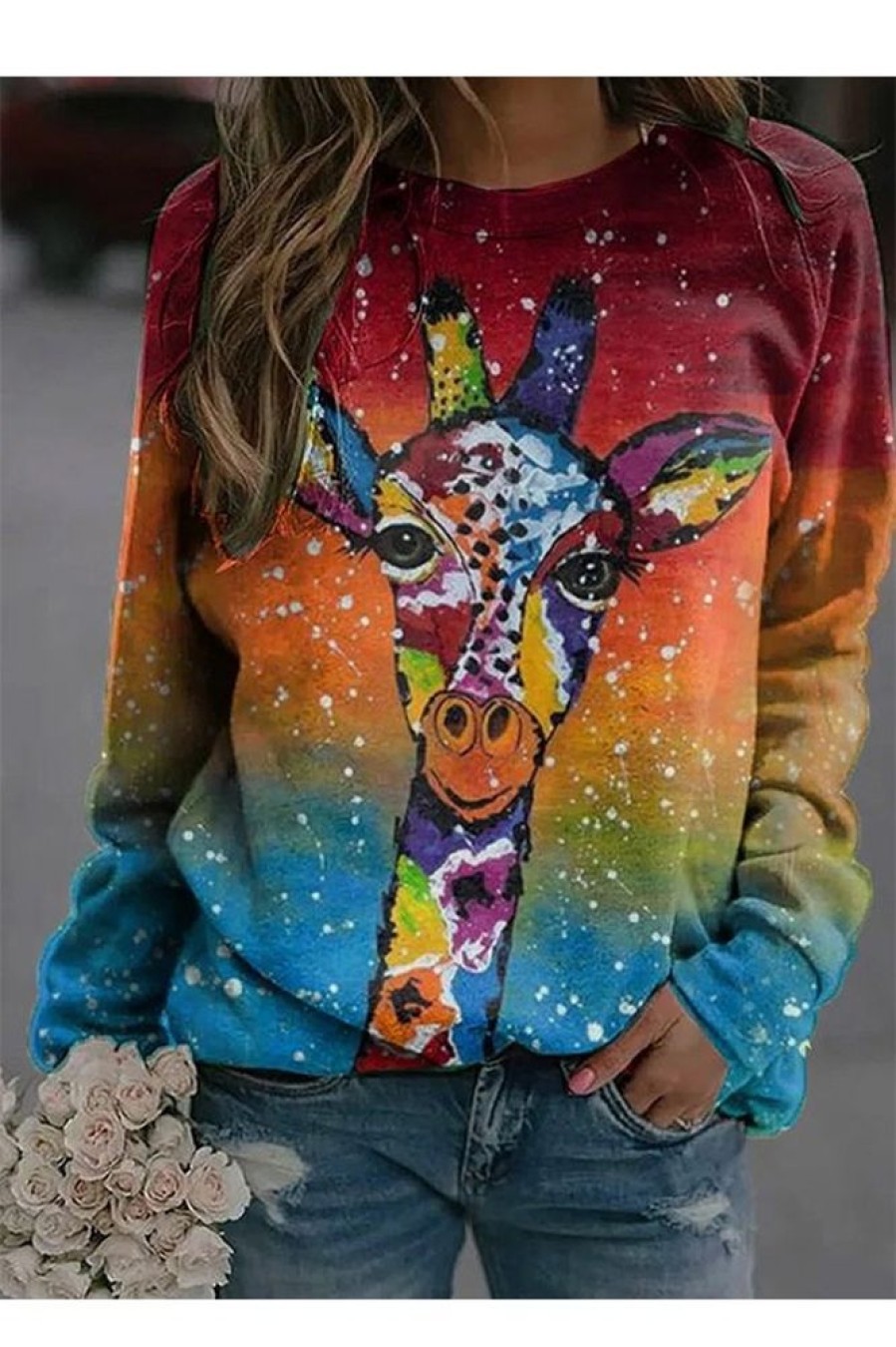 Clothing Azzlee Sweatshirt & Hoodies | Casual Graphic Tops Round Neck Long Sleeve Giraffe Printed Sweatshirts Multi