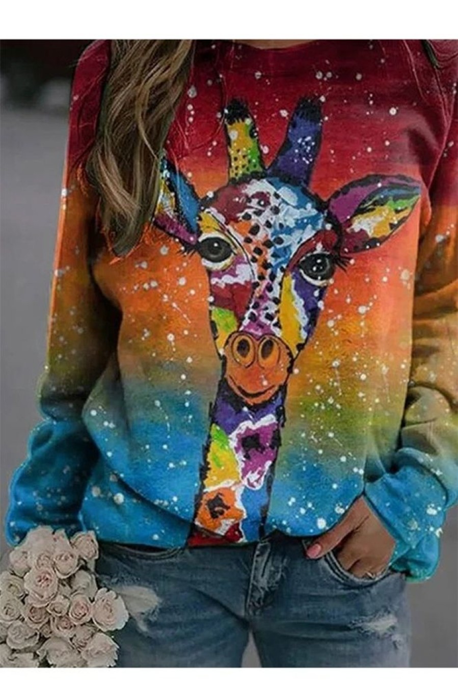 Clothing Azzlee Sweatshirt & Hoodies | Casual Graphic Tops Round Neck Long Sleeve Giraffe Printed Sweatshirts Multi