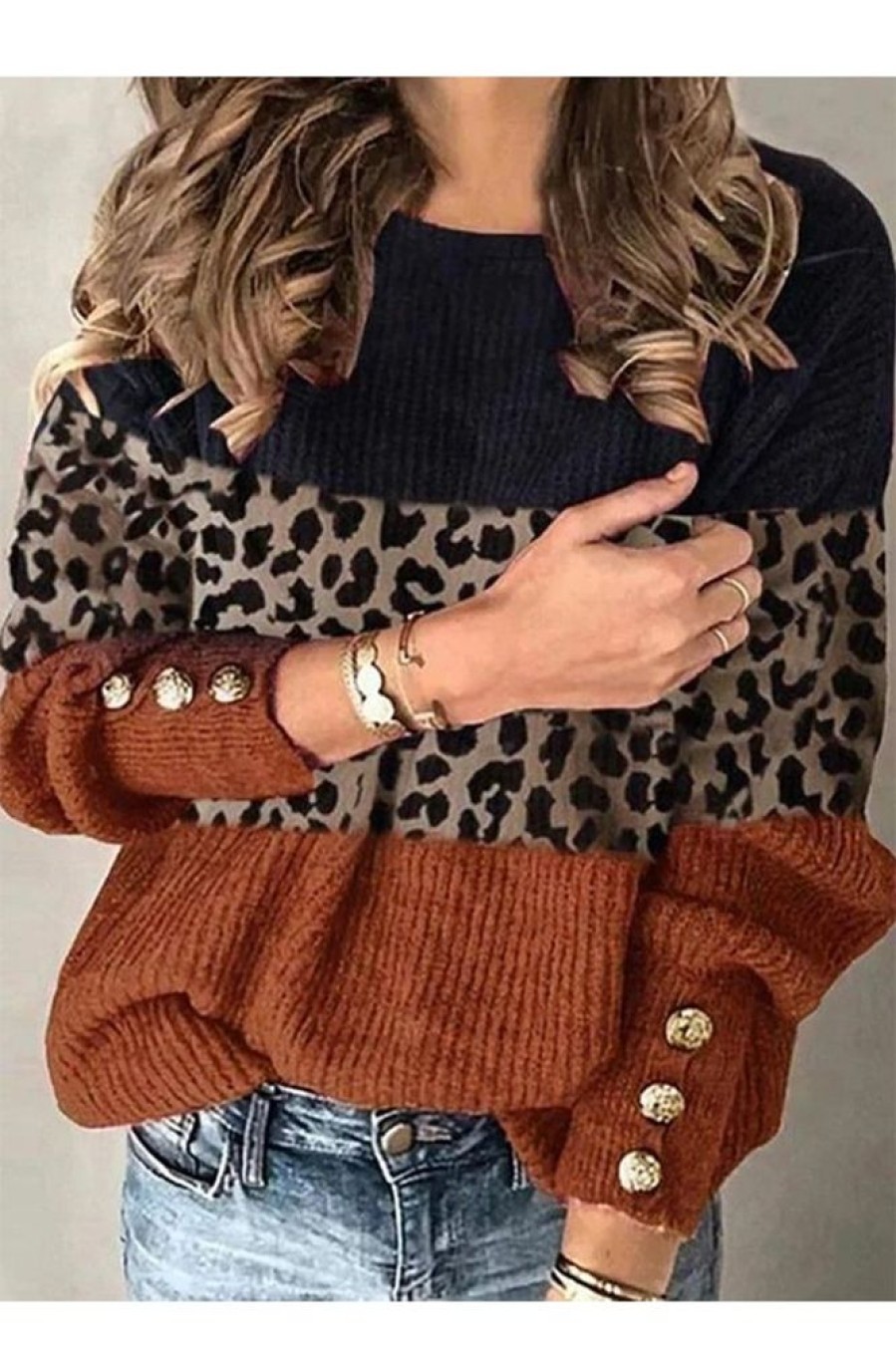 Clothing Azzlee Sweater & Cardigans | Casual Graphic Tops Round Neck Long Sleeve Patchwork Printed Sweaters Multi