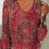 Clothing Azzlee Blouse & Shirts | Casual V Neck Printed 3/4 Sleeve Blouse Red