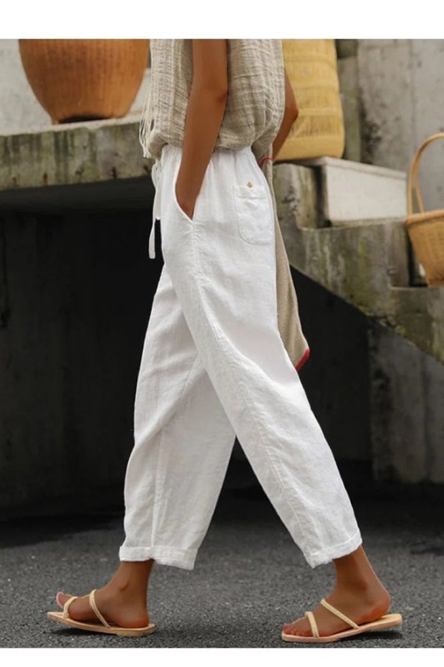 Clothing Azzlee Pants | Casual Sashes Loose Pants With Pockets White