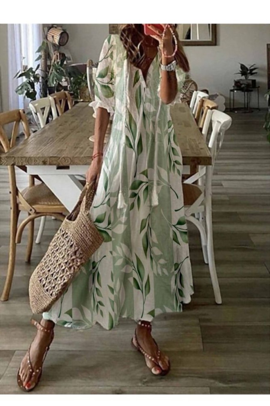 Clothing Azzlee Maxi Dresses | V Neck Half Sleeve Floral Casual Maxi Dress Green