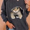 Clothing Azzlee Sweatshirt & Hoodies | Casual Graphic Tops Round Neck Long Sleeve Cat Printed Sweatshirts Deep Gray