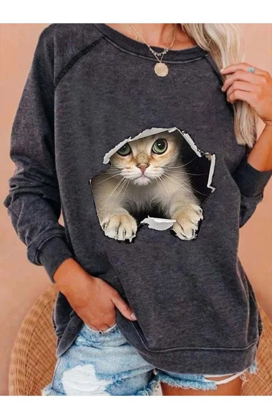 Clothing Azzlee Sweatshirt & Hoodies | Casual Graphic Tops Round Neck Long Sleeve Cat Printed Sweatshirts Deep Gray