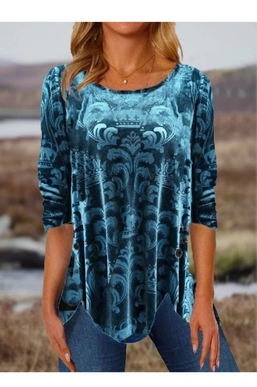 Clothing Azzlee Sweatshirt & Hoodies | Casual Round Neck Printed Long Sleeve Blouse Blue