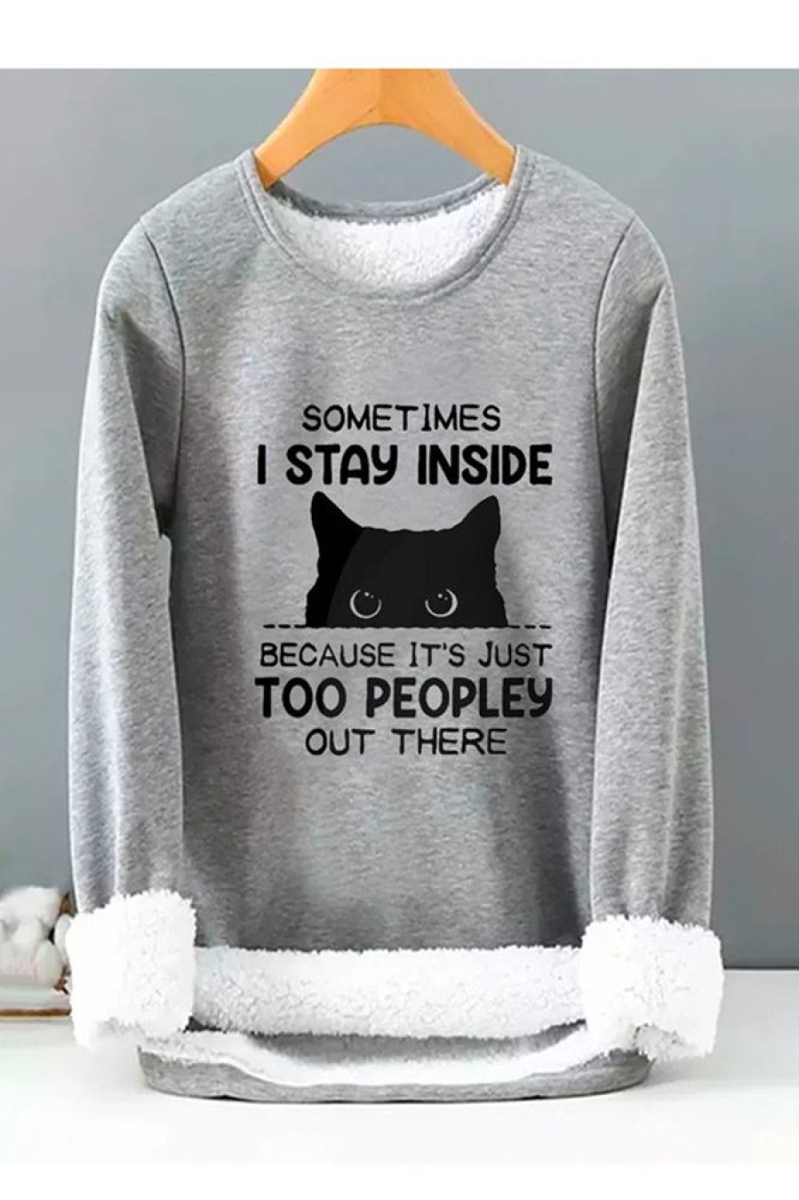 Clothing Azzlee Sweatshirt & Hoodies | Casual Graphic Tops Round Neck Long Sleeve Cat Character Printed Fleece Sweatshirts Gray