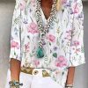 Clothing Azzlee Blouse & Shirts | Casual Graphic Tops V Neck Floral Printed 3/4 Sleeve Blouse Multicolor