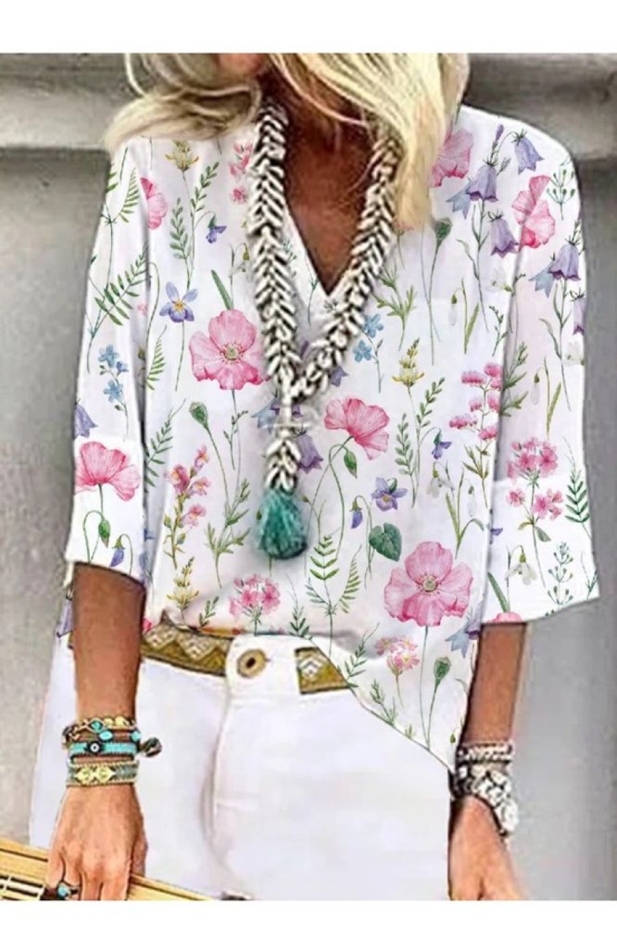 Clothing Azzlee Blouse & Shirts | Casual Graphic Tops V Neck Floral Printed 3/4 Sleeve Blouse Multicolor