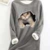 Clothing Azzlee Sweatshirt & Hoodies | Casual Graphic Tops Round Neck Long Sleeve Cat Printed Fleece Sweatshirts