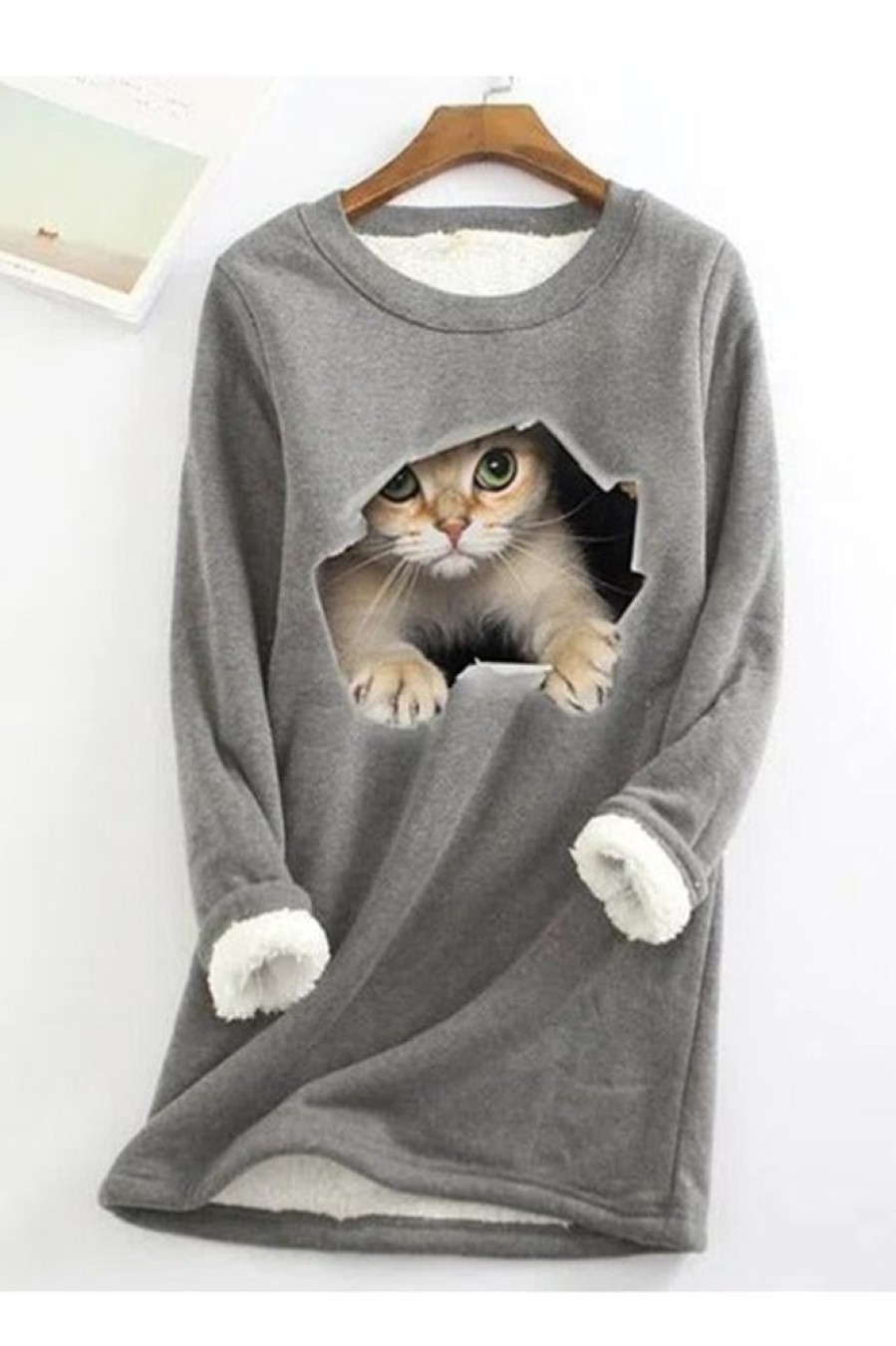 Clothing Azzlee Sweatshirt & Hoodies | Casual Graphic Tops Round Neck Long Sleeve Cat Printed Fleece Sweatshirts