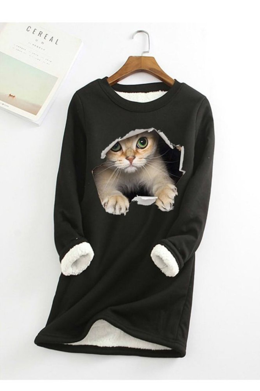 Clothing Azzlee Sweatshirt & Hoodies | Casual Graphic Tops Round Neck Long Sleeve Cat Printed Fleece Sweatshirts