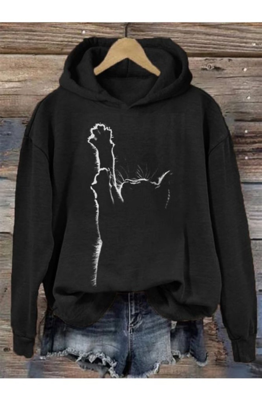 Clothing Azzlee Sweatshirt & Hoodies | Cute Cat Silhouette Casual Hoodie Black