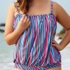 Clothing Azzlee Plus Size | Colorful Stripe Bandeau Neckline High Waist Plus Size Tankini Set Multi Stripe