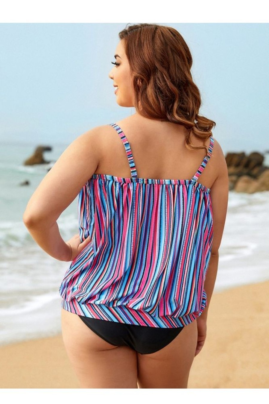 Clothing Azzlee Plus Size | Colorful Stripe Bandeau Neckline High Waist Plus Size Tankini Set Multi Stripe