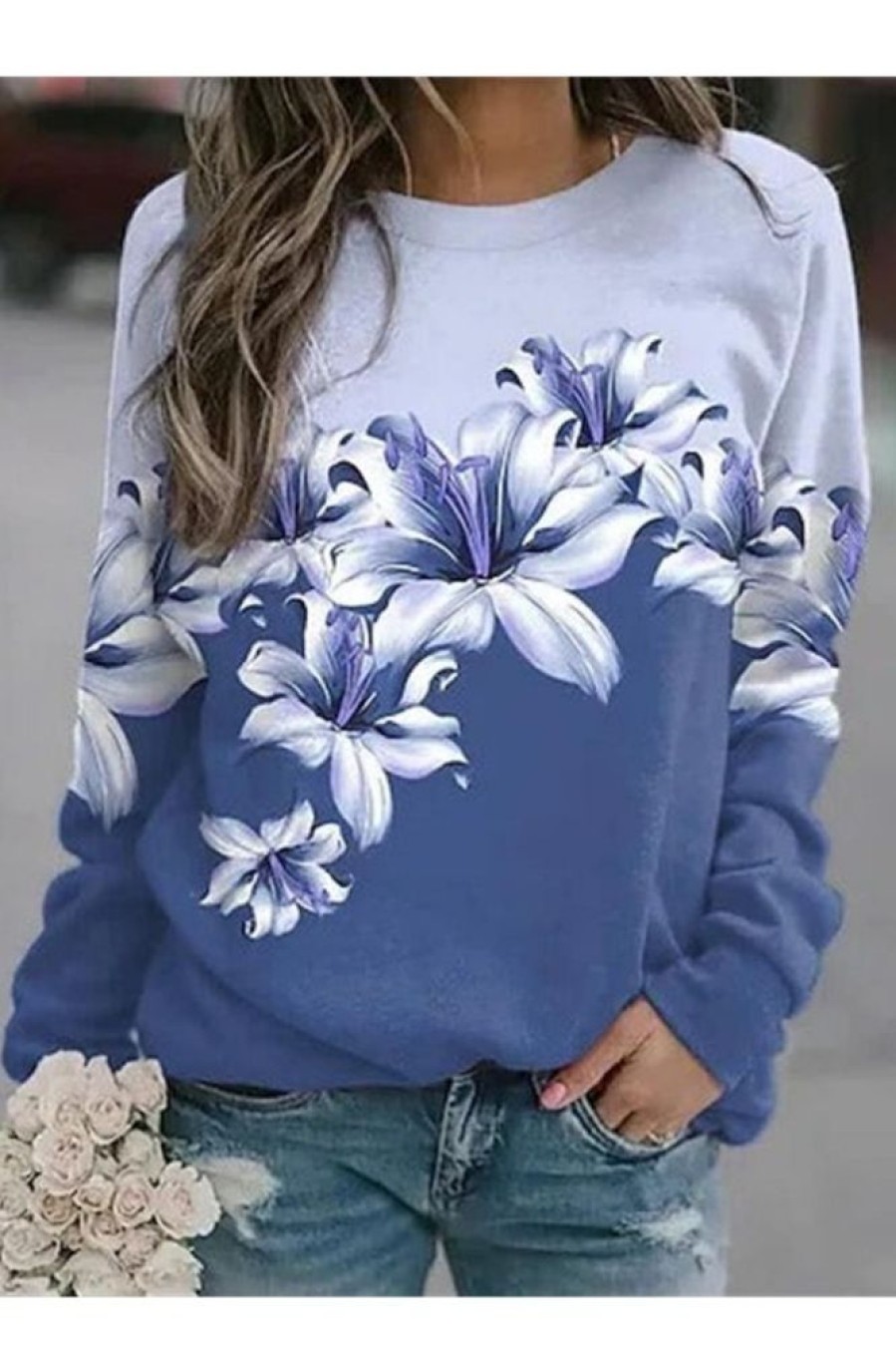 Clothing Azzlee Sweatshirt & Hoodies | Casual Graphic Tops Round Neck Floral Printed Long Sleeve Sweatshirts Blue