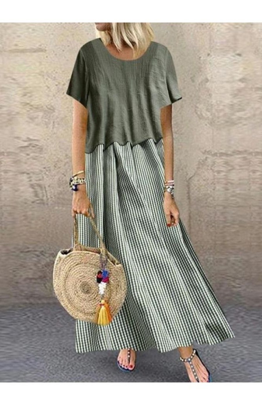 Clothing Azzlee Maxi Dresses | Short Sleeve Round Neck Plaid Casual Summer Two Piece Maxi Dress