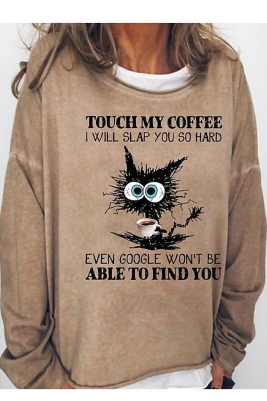 Clothing Azzlee Sweatshirt & Hoodies | Vintage Funny Cat Print Loose Sweatshirt Khaki