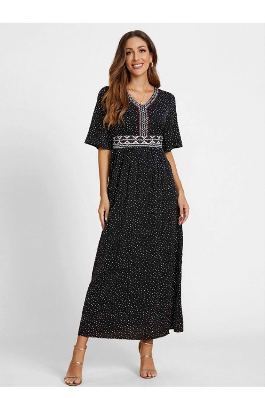 Clothing Azzlee Maxi Dresses | V-Neck Half Sleeve Polka Dot Printed Modest Maxi Dress Black