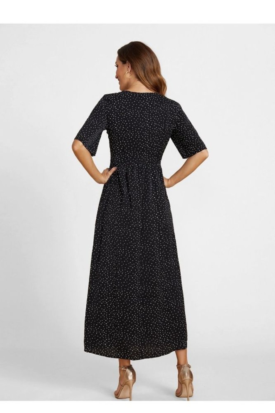 Clothing Azzlee Maxi Dresses | V-Neck Half Sleeve Polka Dot Printed Modest Maxi Dress Black