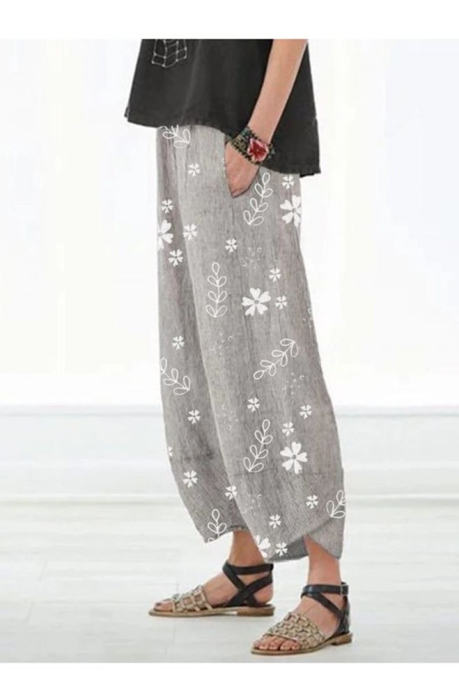 Clothing Azzlee Pants | Casual Floral Printed Pants With Pockets Gray