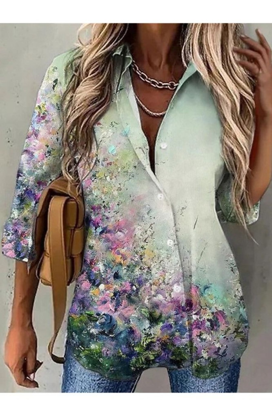 Clothing Azzlee Blouse & Shirts | Casual Graphic Tops Lapel Long Sleeve Floral Printed With Buttons Blouse Green