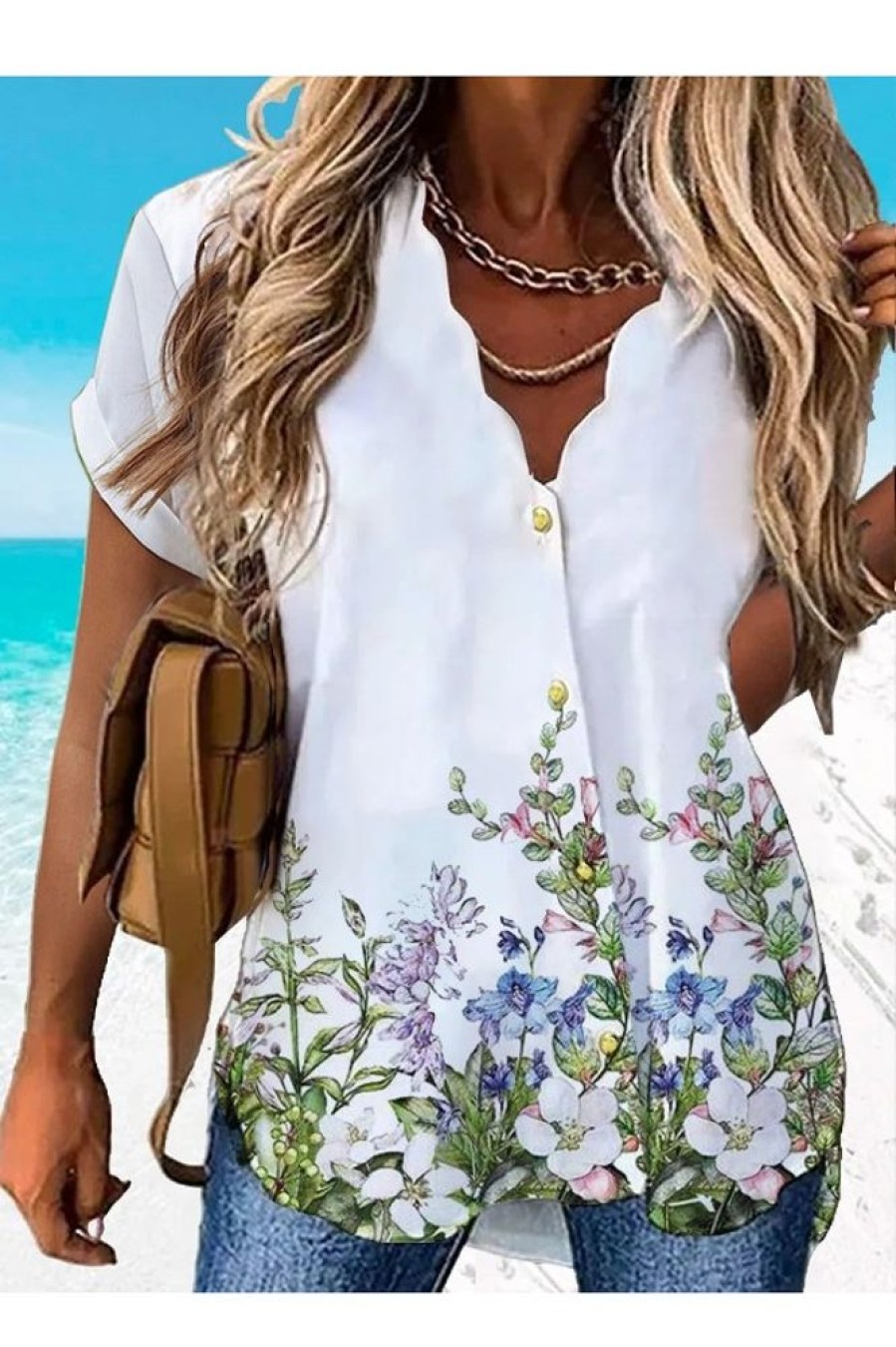 Clothing Azzlee Blouse & Shirts | Floral Printed V Neck Short Sleeve Blouse White