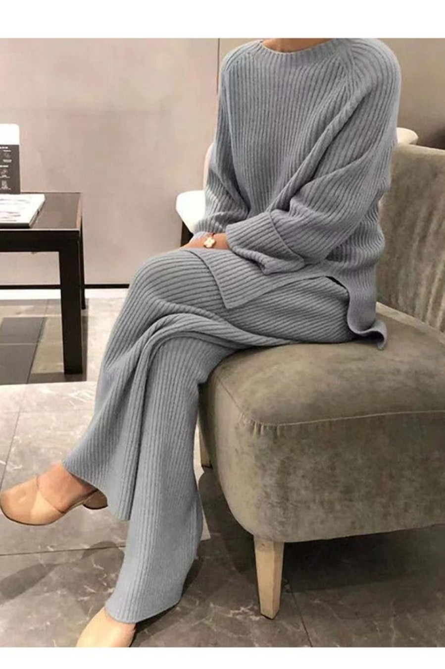 Clothing Azzlee Sweater & Cardigans | Solid Casual Sweater Suit Gray