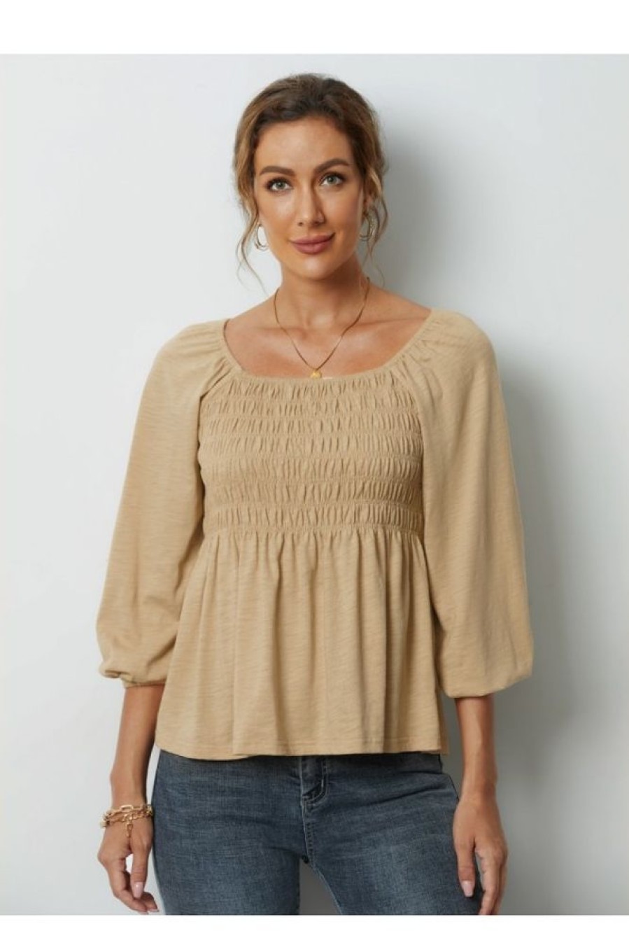 Clothing Azzlee Blouse & Shirts | Solid Square Neck 3/4 Sleeve Blouse Wheat