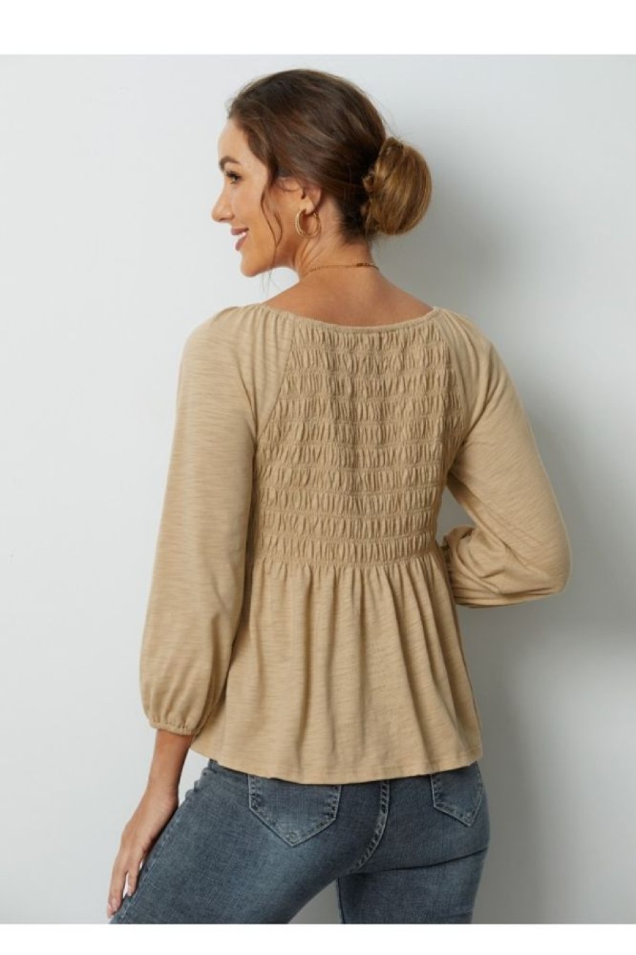 Clothing Azzlee Blouse & Shirts | Solid Square Neck 3/4 Sleeve Blouse Wheat