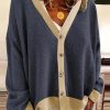 Clothing Azzlee Coats | Casual Tops V-Neck Long Sleeve Patchwork Sweater Coat With Button Purplish Blue