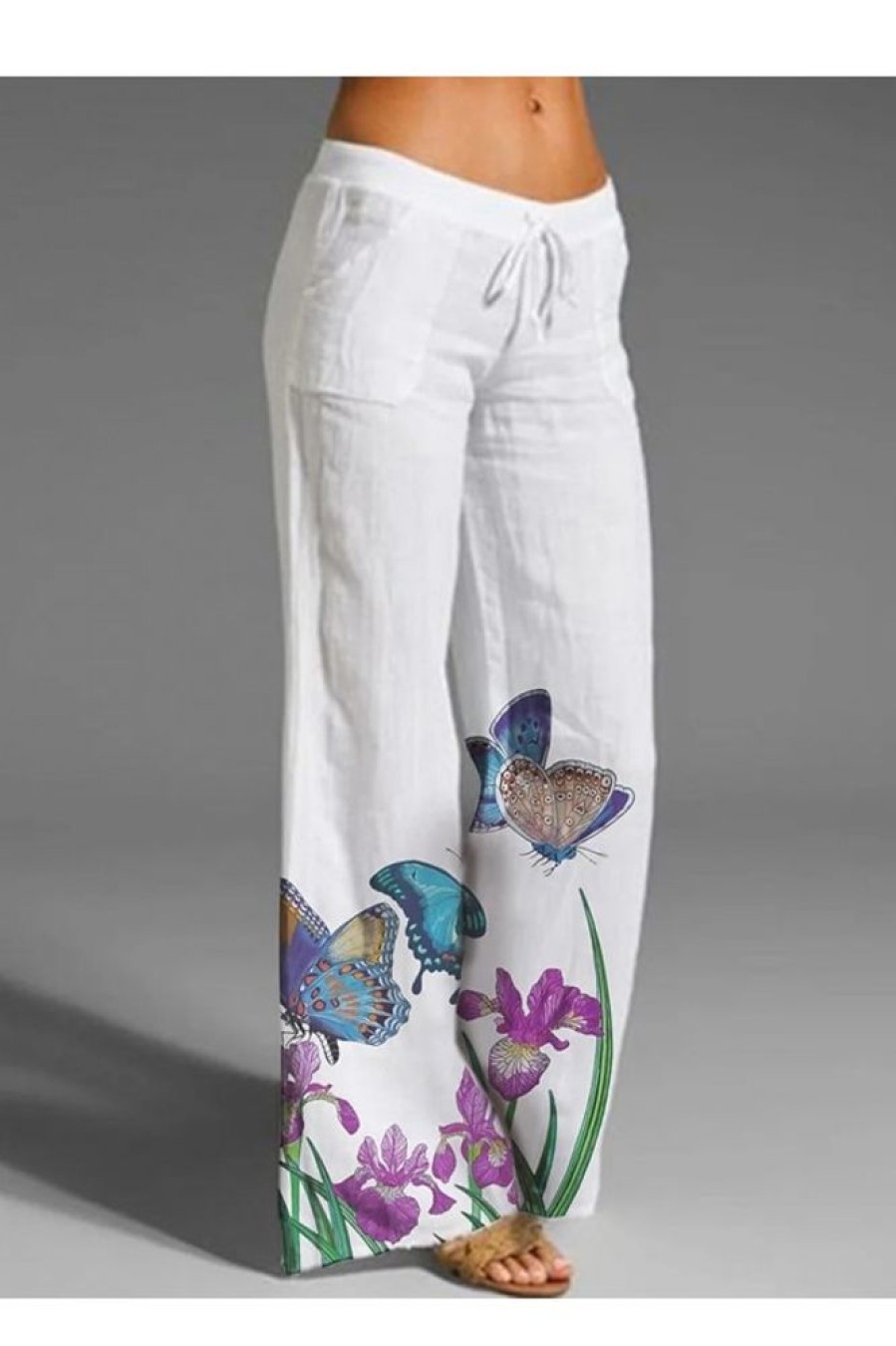 Clothing Azzlee Pants | Casual Butterfly Printed Pants With Pockets White