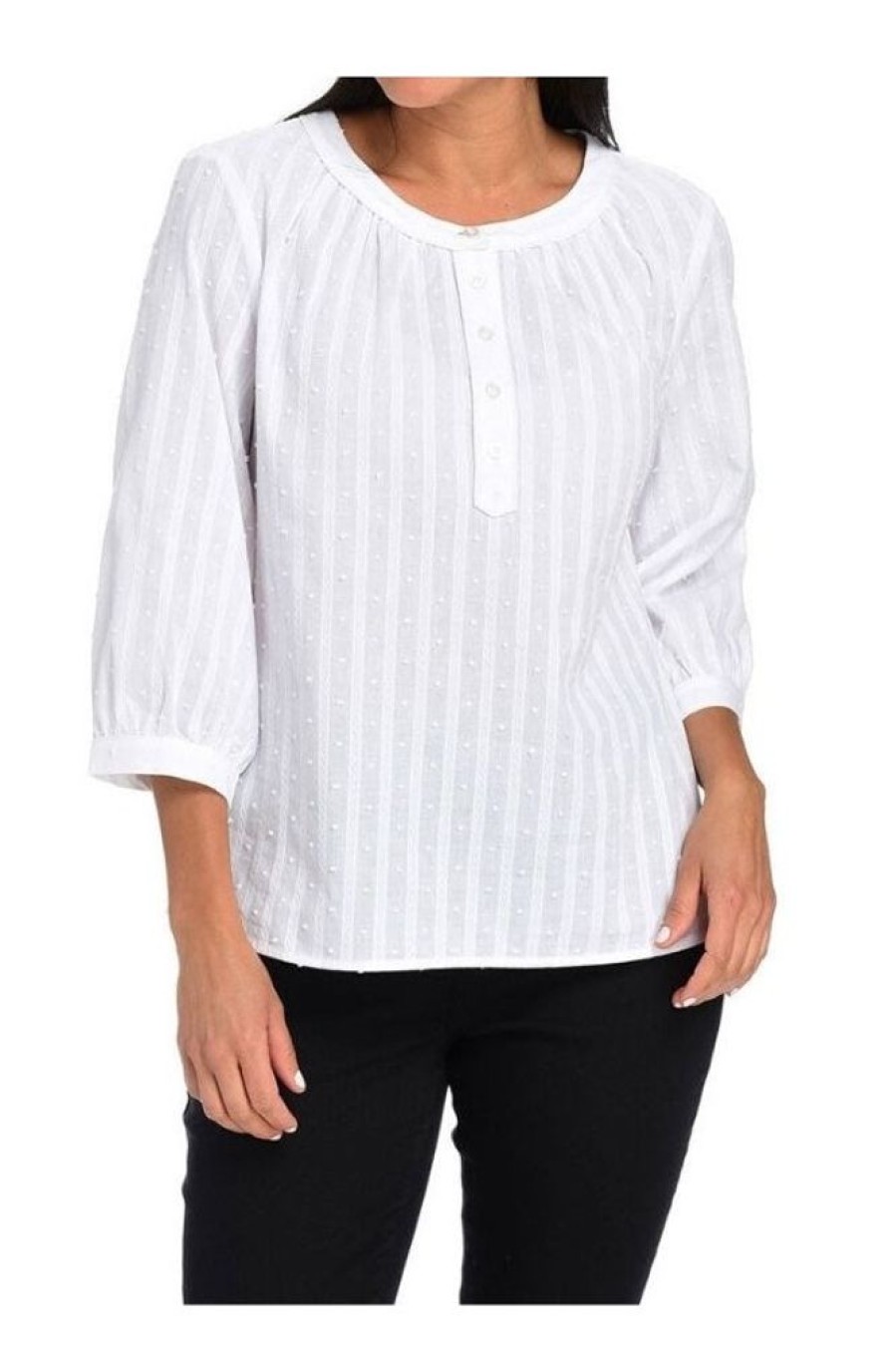 Clothing Azzlee Blouse & Shirts | Solid Round Neck Stripe Blouse White