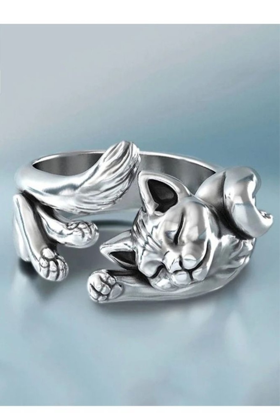 Clothing Azzlee | Lovely Cat Carving Adjustable Ring Silver