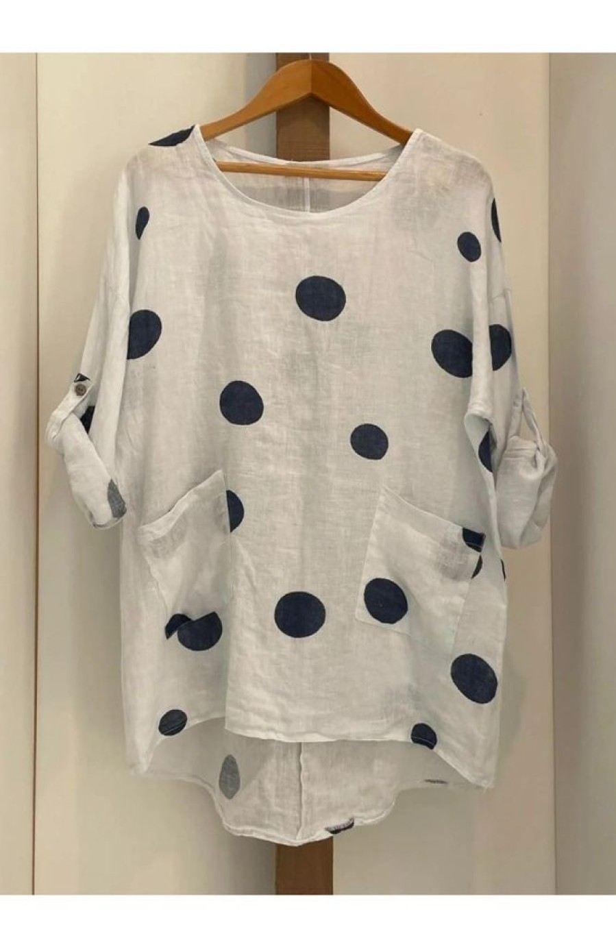 Clothing Azzlee Blouse & Shirts | Plus Size Polka Dot Print Crew Neck Blouse White