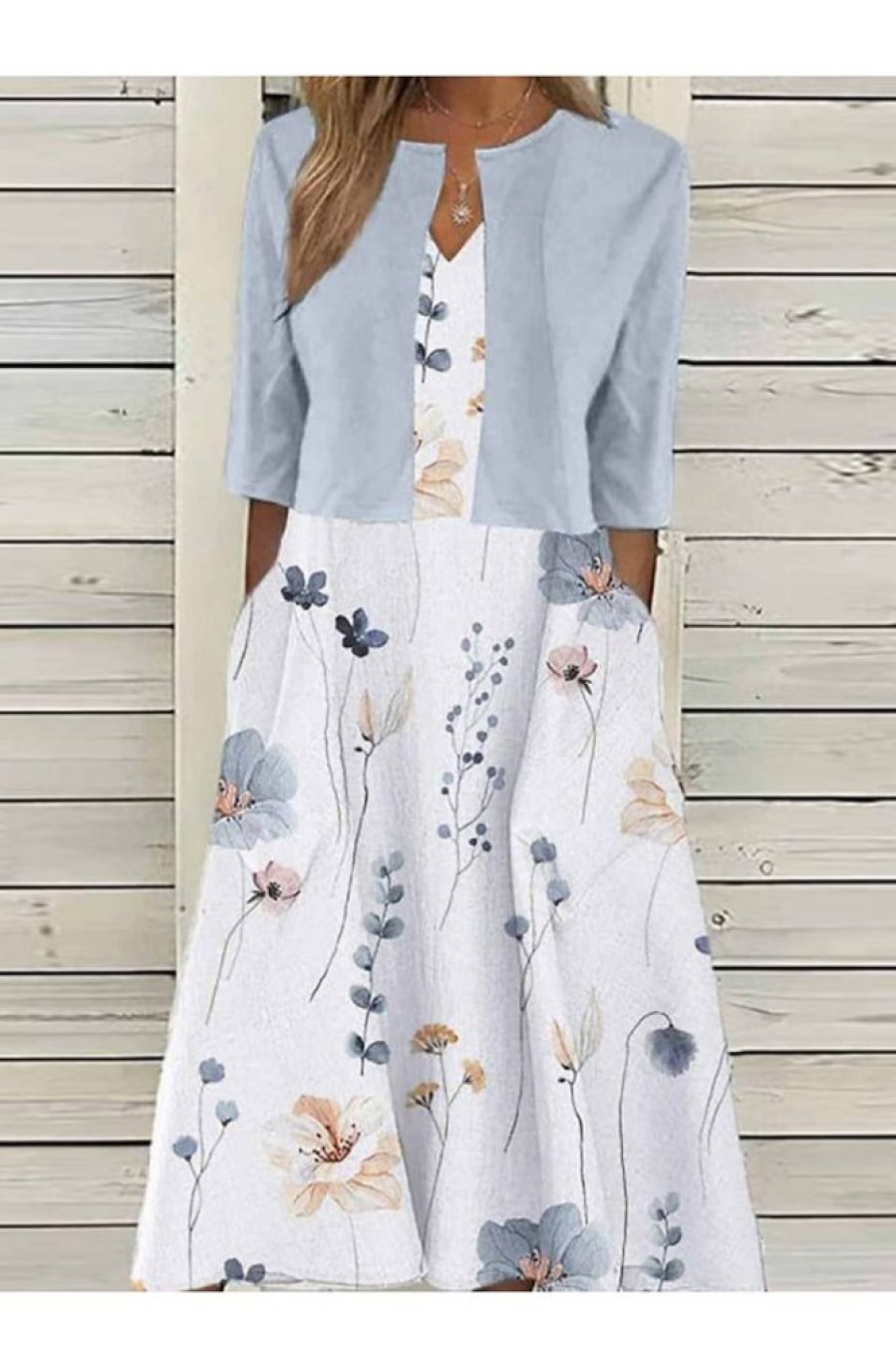 Clothing Azzlee Midi Dresses | V-Neck Half Sleeve Floral Two Piece Midi Dress Blue