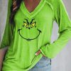 Clothing Azzlee Sweatshirt & Hoodies | Casual Graphic Tops V-Neck Long Sleeve Grinch Printed Sweatshirts Green