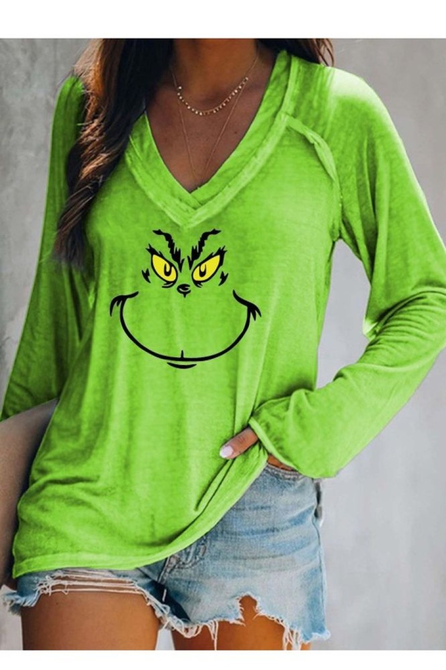 Clothing Azzlee Sweatshirt & Hoodies | Casual Graphic Tops V-Neck Long Sleeve Grinch Printed Sweatshirts Green