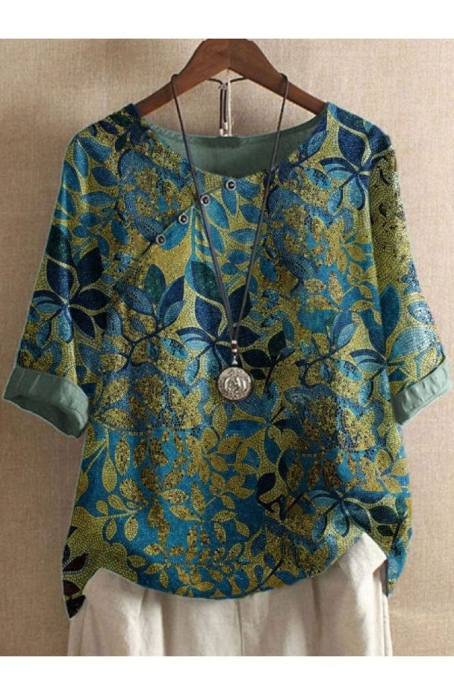 Clothing Azzlee Blouse & Shirts | Solid Printed Round Neck 3/4 Sleeve Shirt Green