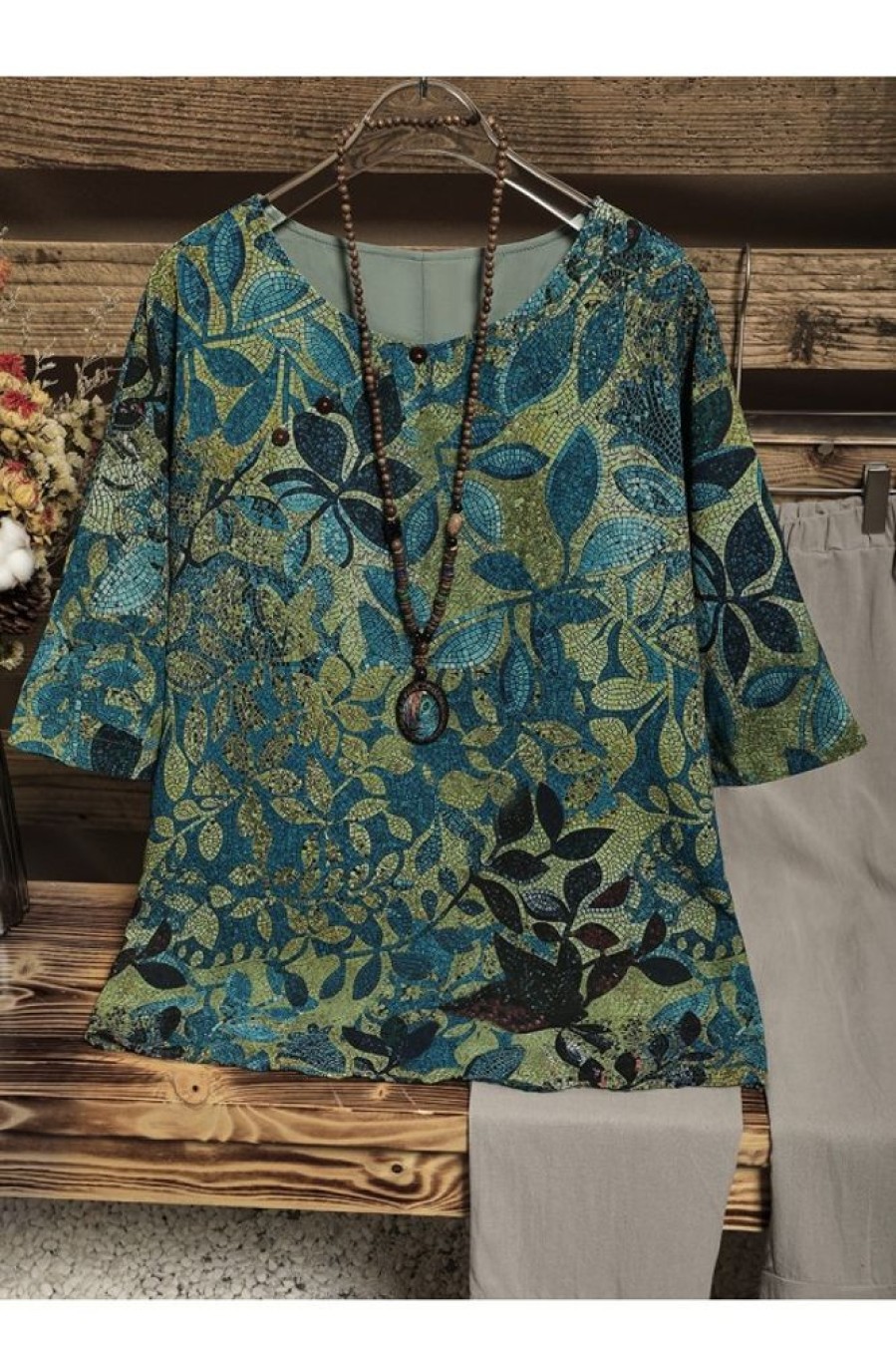 Clothing Azzlee Blouse & Shirts | Solid Printed Round Neck 3/4 Sleeve Shirt Green