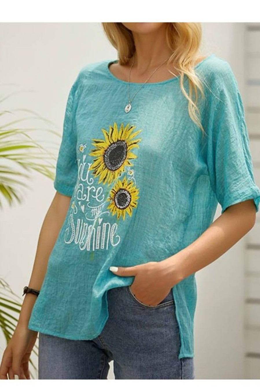 Clothing Azzlee T-Shirts | Casual Tops Short Sleeve Round Neck Floral Printed Vintage Sunshine Blouse