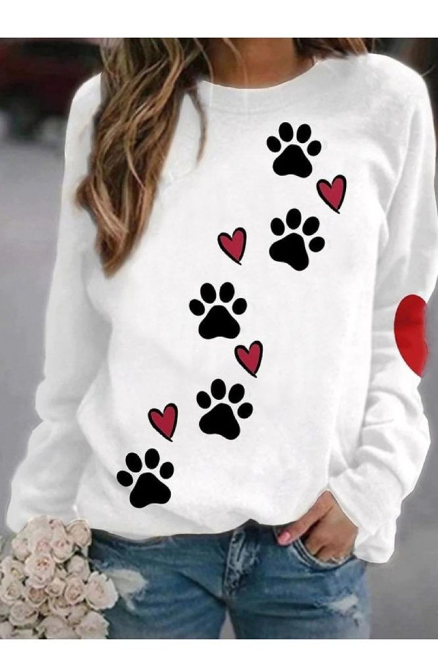 Clothing Azzlee Sweatshirt & Hoodies | Crew Neck Dog Footprints Casual Sweatshirt White