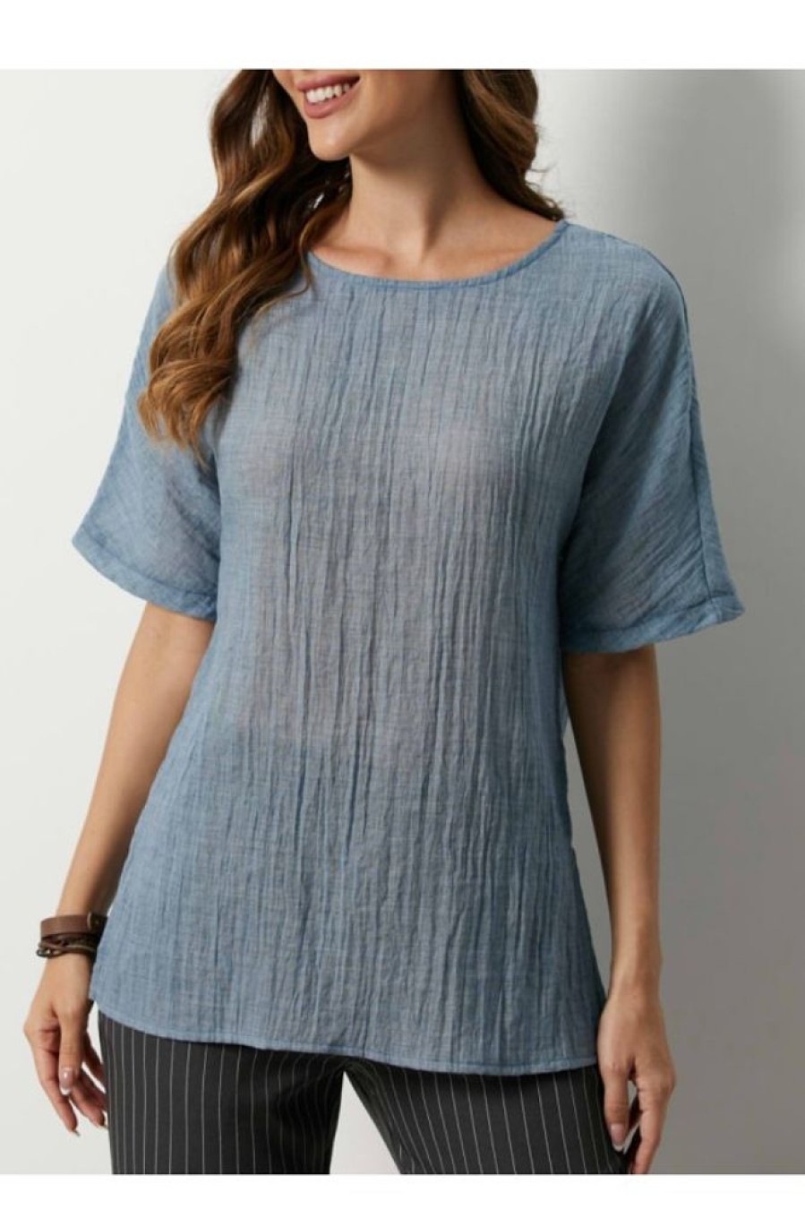 Clothing Azzlee Blouse & Shirts | Casual Summer Round Neck Short Sleeve Solid T-Shirt Grey