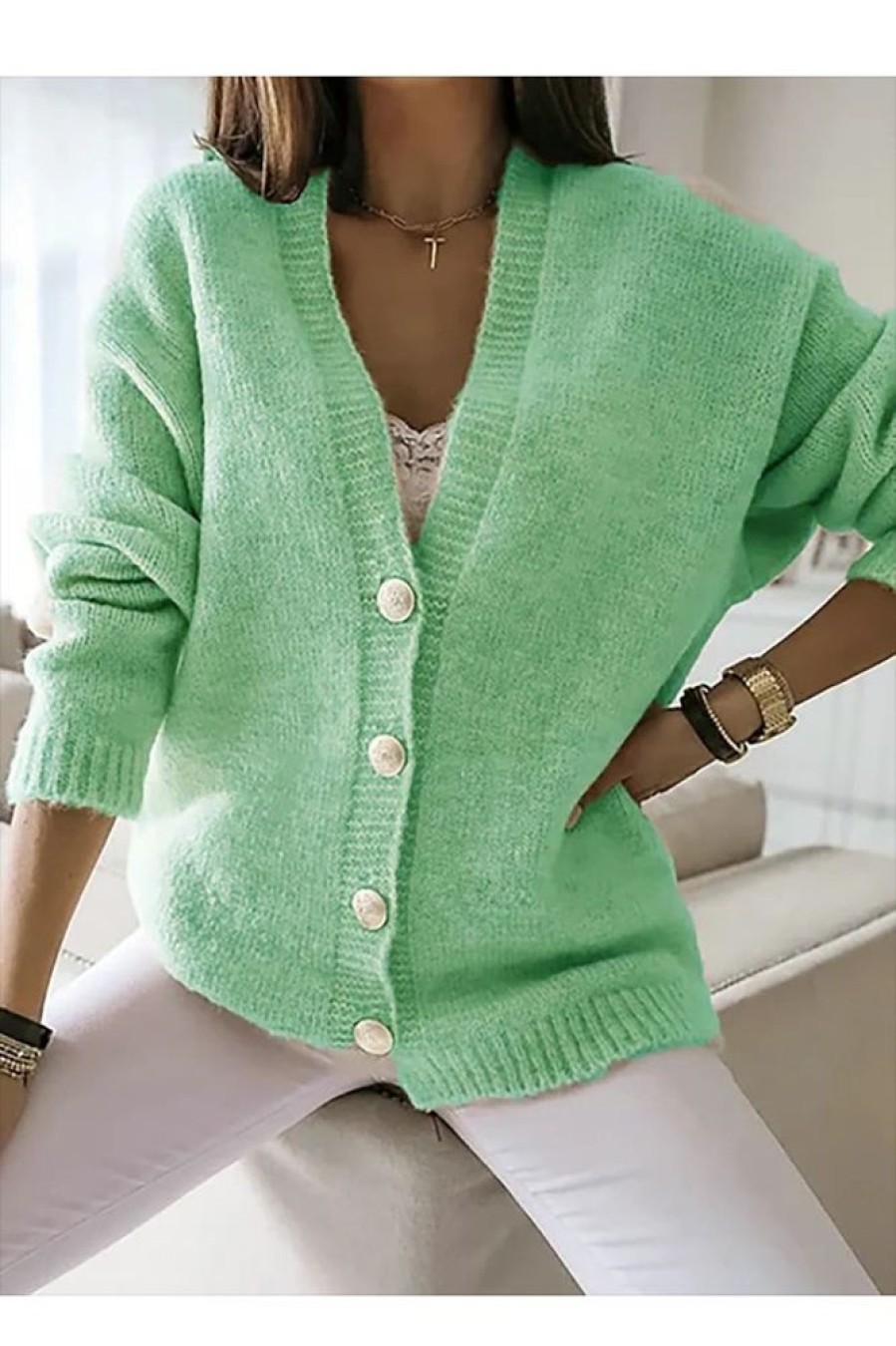 Clothing Azzlee Sweater & Cardigans | Casual Lapel Solid Long Sleeve Sweater Green